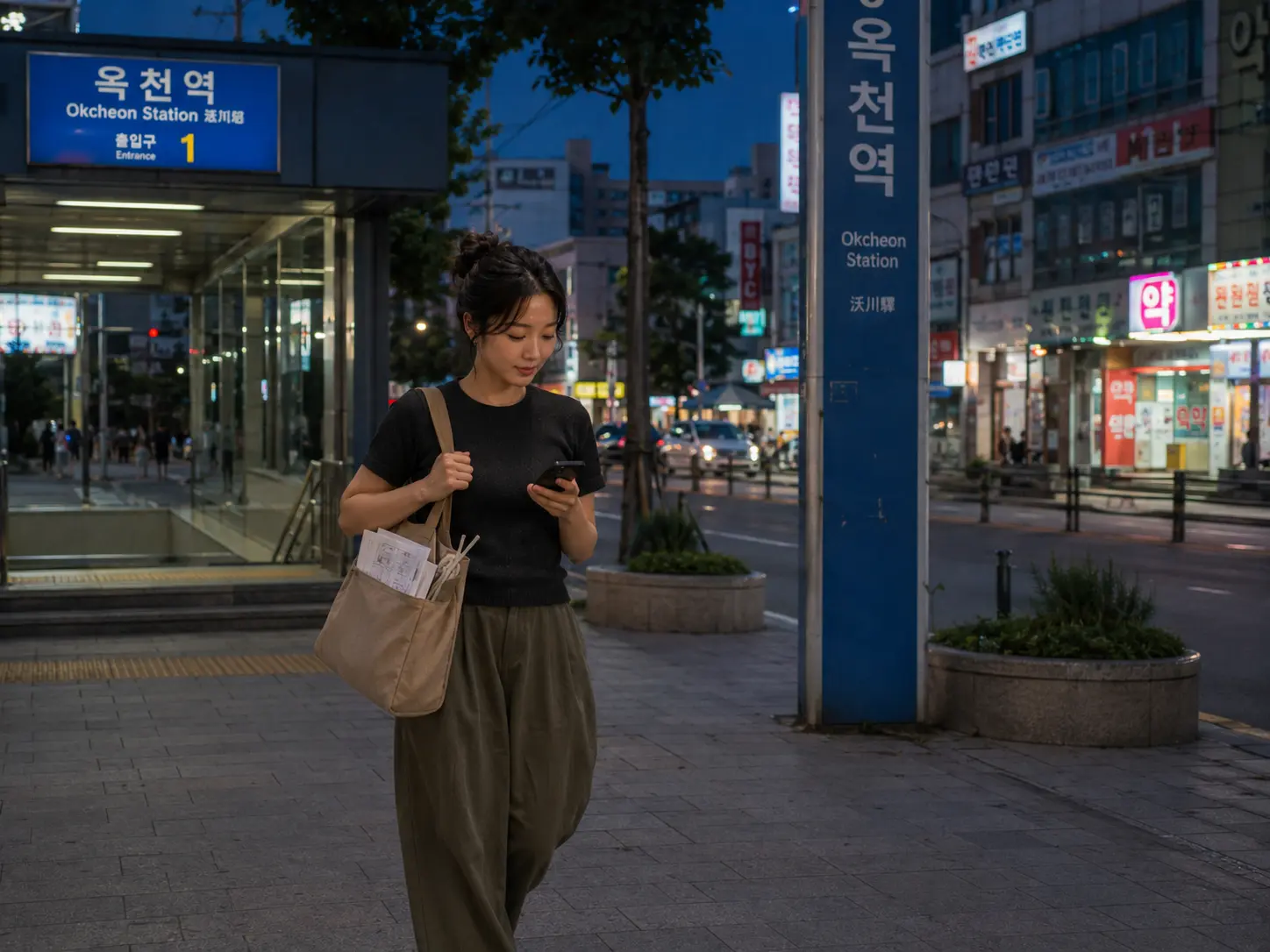 옥천출장마사지 | K초이스24 - 저녁의 충북 옥천역 앞에서 로컬 에디터 도하가 문정리 숙소 이동 경로를 확인하는 장면