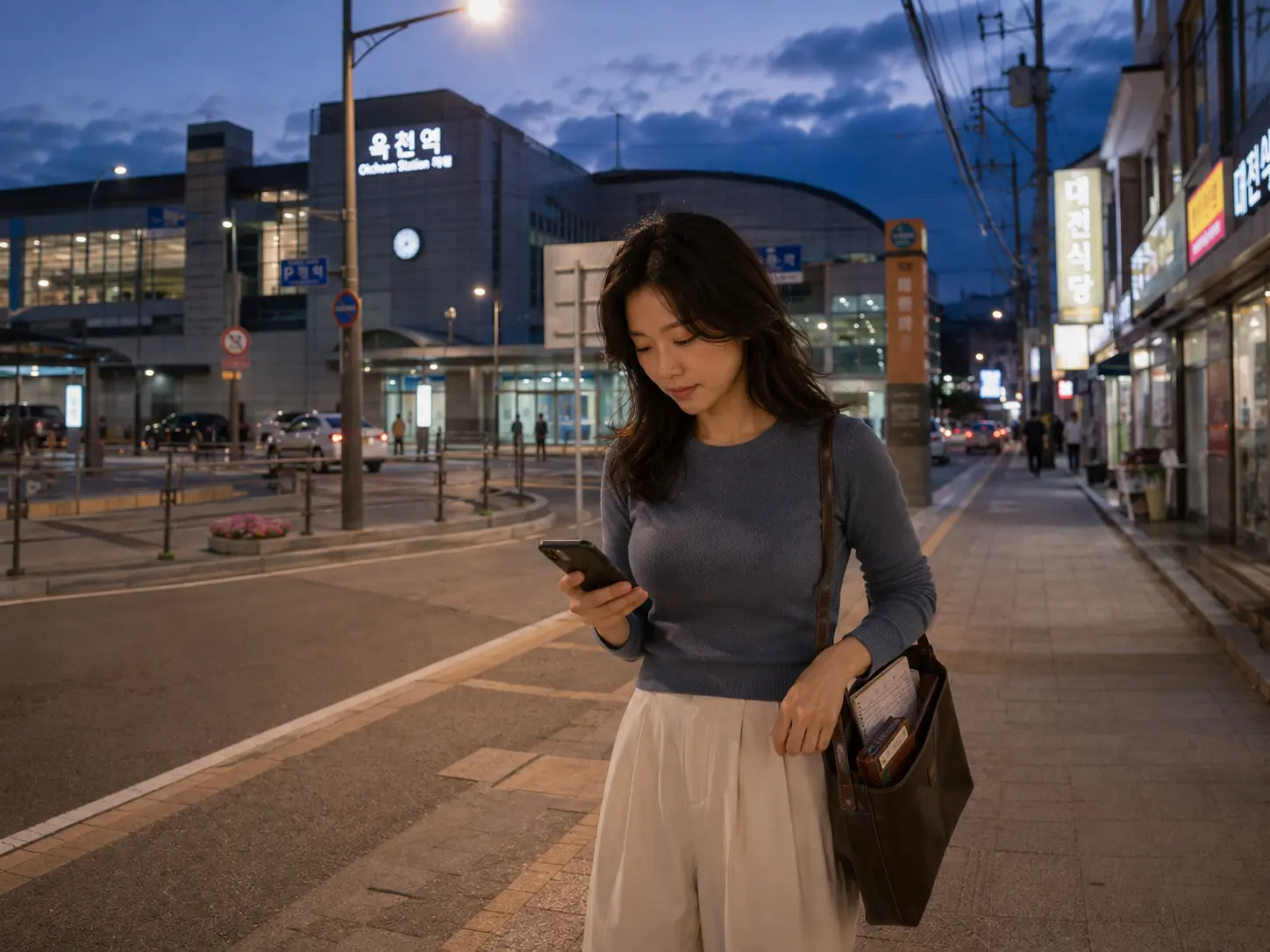 옥천출장마사지 | K초이스24 - 저녁의 충북 옥천역 앞에서 로컬 에디터 윤서가 휴대전화로 숙소 이동 경로를 확인하는 장면
